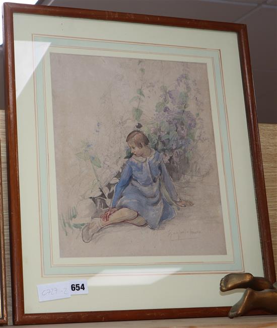 Marjorie Hoare, watercolour and ink, Girl seated beside wild flowers, signed in pencil 34 x 29cm